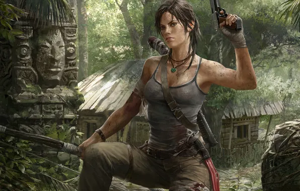 Forest, girl, pose, weapons, blood, Tomb Raider, hut, Lara Croft