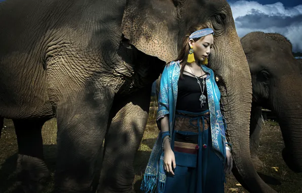 Girl, elephant, Asian