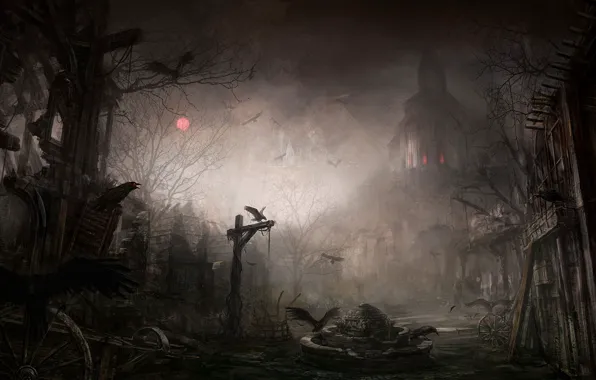 Night, the city, the ruins, crows, Diablo III