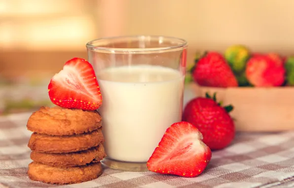 Picture background, widescreen, Wallpaper, food, Breakfast, milk, cookies, strawberry