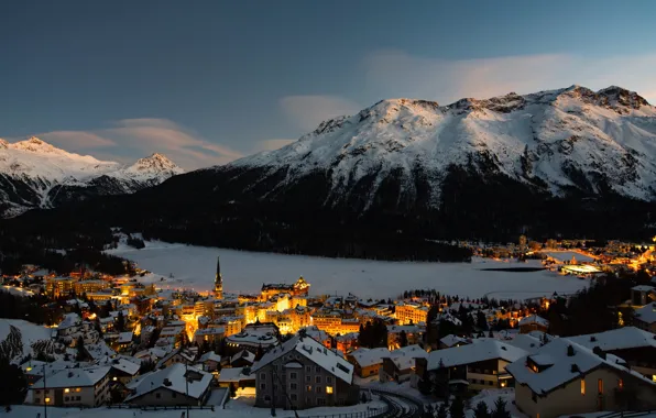 Winter, the sky, light, snow, the city, lights, lake, mountain