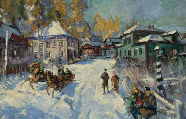 Snow, landscape, house, street, picture, sleigh, Konstantin Korovin, Russian Winter