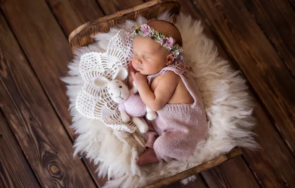 Toy, Board, sleep, rabbit, girl, wreath, baby, cot