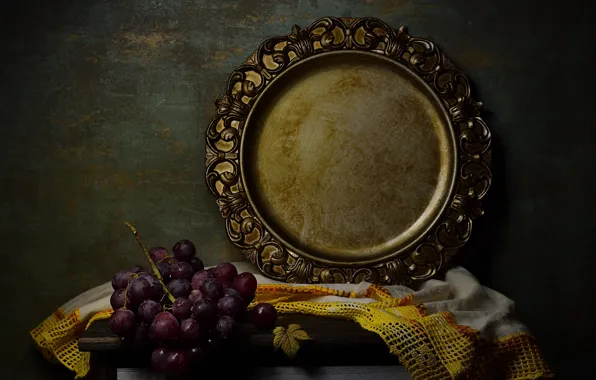 The dark background, table, grapes, still life, tray