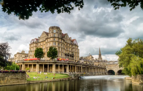 Picture the sky, clouds, trees, bridge, river, home