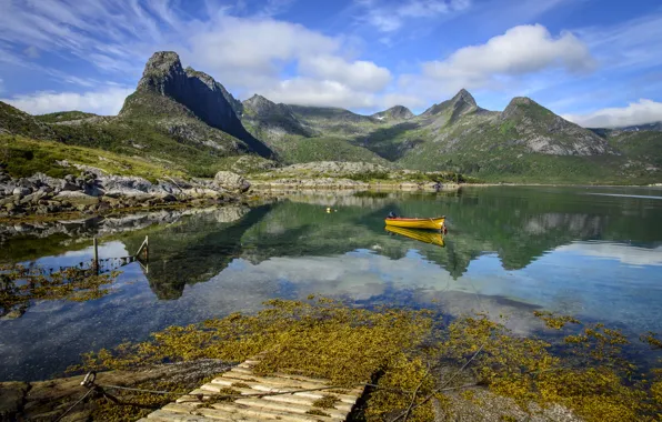 Mountains, lake, stones, boat, Norway, Lofoten