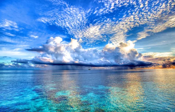 The sky, clouds, the ocean, color, beauty, ships, dal, horizon