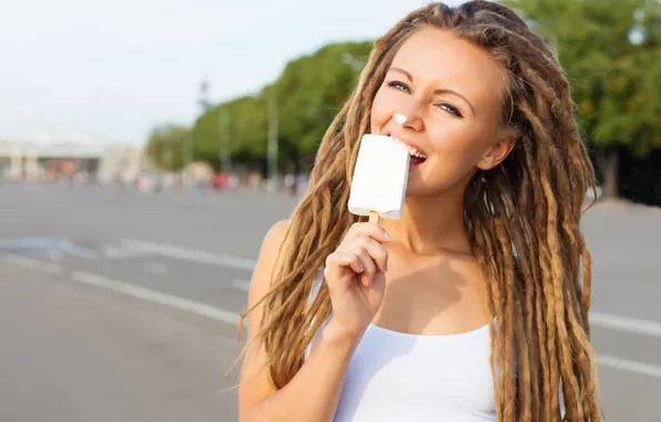 Picture road, girl, trees, mood, Mike, hairstyle, ice cream, braids