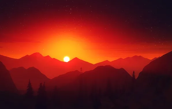 Sunset, The sun, The evening, Mountains, The game, View, Hills, Sparks