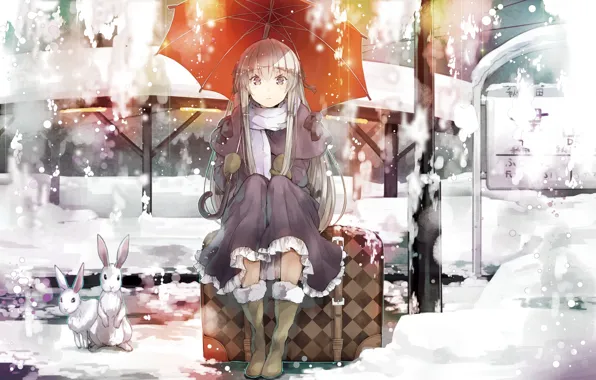 Girl, snow, umbrella, rabbit, dress, sitting, brown eyes, kasugano sora