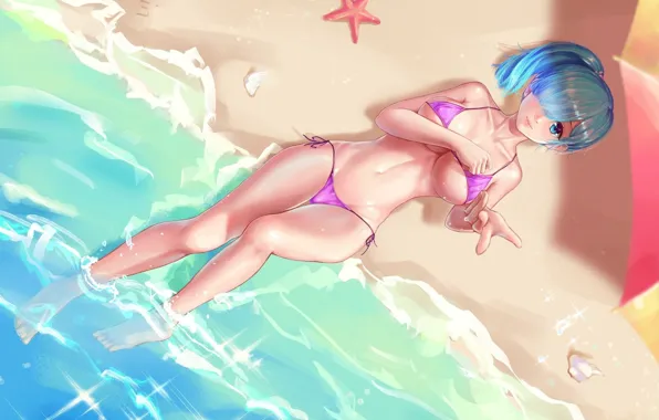 Sea, swimsuit, water, girl, anime, art, rem, re zero kara hajime chip isek or seikatsu