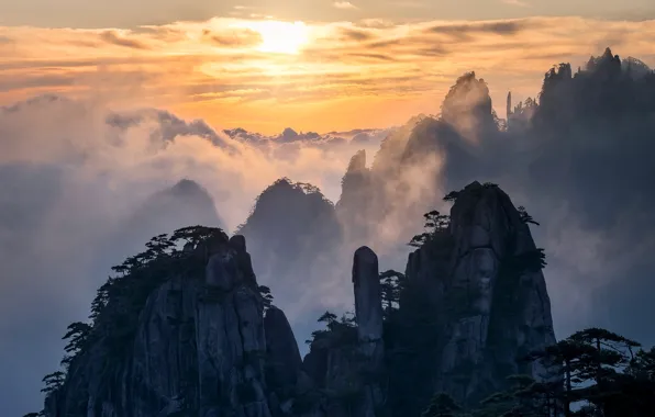 Clouds, mountains, rocks, China, Anhui