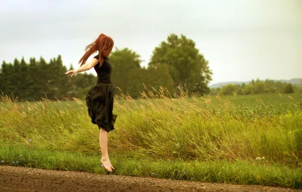 Road, field, girl, jump