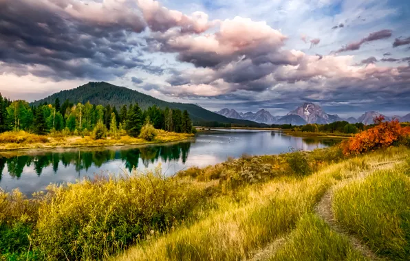 Autumn, grass, clouds, trees, mountains, river, Wyoming, USA