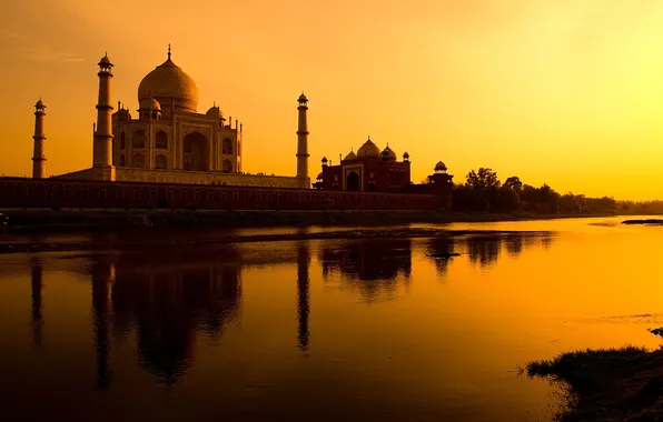 The sky, sunset, Taj Mahal, temple, river