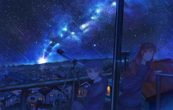 Girl, night, the city, guy, Starfall