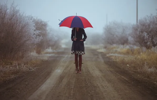 Road, autumn, girl, boots, umbrella