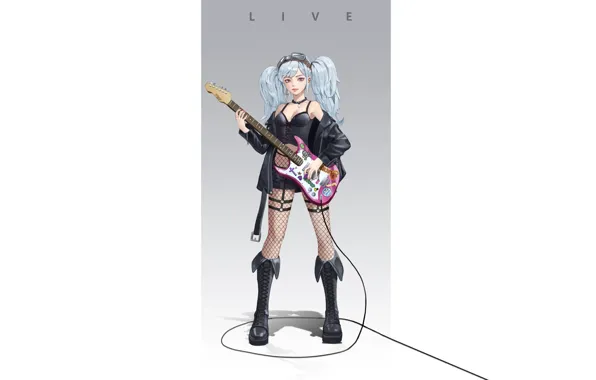 Girl, guitar, Music, style, art, background, wire, Minimalism