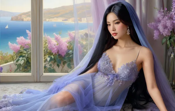 Sea, chest, look, glass, girl, flowers, mountains, pose