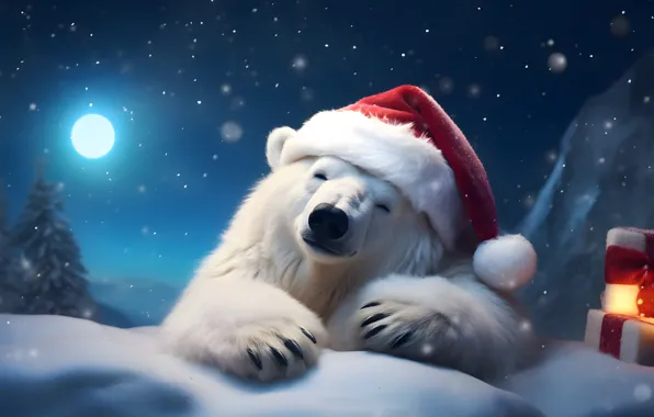 Bear, Christmas, bear, New year, polar bear, polar, the Santa hat, AI art