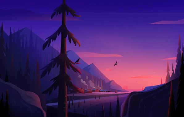 Forest, sunset, mountains, village, pine, illustration, Febin Raj
