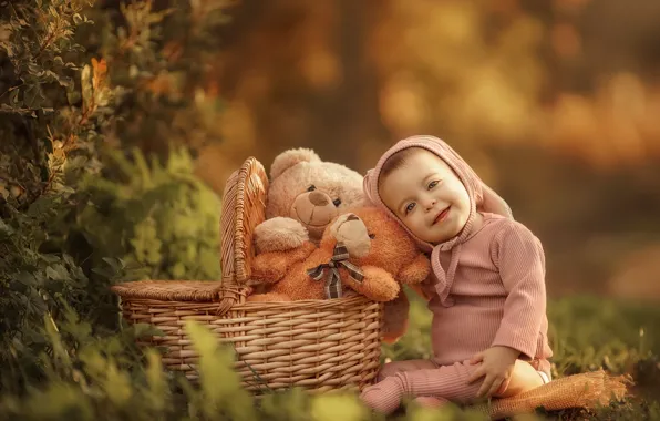 Picture nature, basket, toys, baby, bears, child, Keren Genish