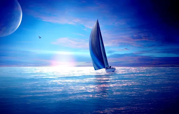 Picture light, the ocean, bird, the moon, sail