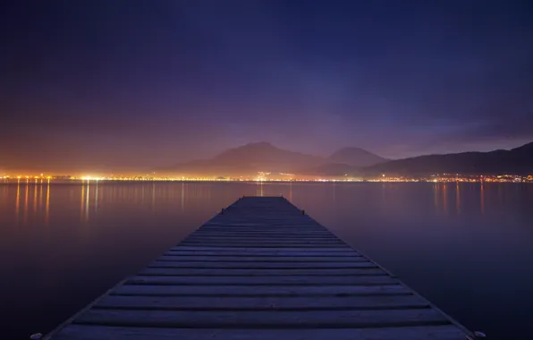 Bridges, night city lights, the hills in the distance, lakes