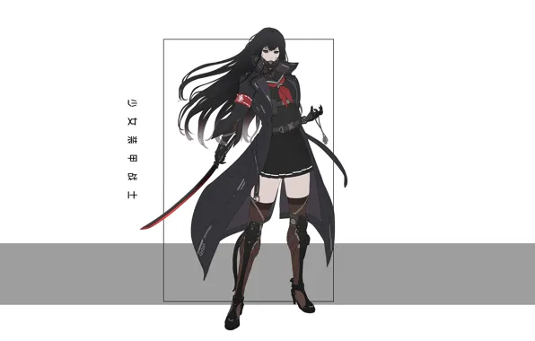 Girl, Minimalism, Style, Asian, Girl, Sword, Brunette, Art