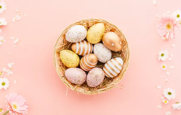 Flowers, holiday, eggs, spring, Easter, straw, bowl, gold plated