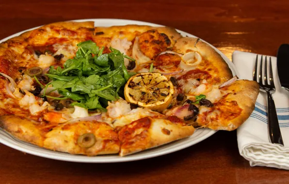 Greens, table, lemon, cheese, knife, meat, plug, vegetables