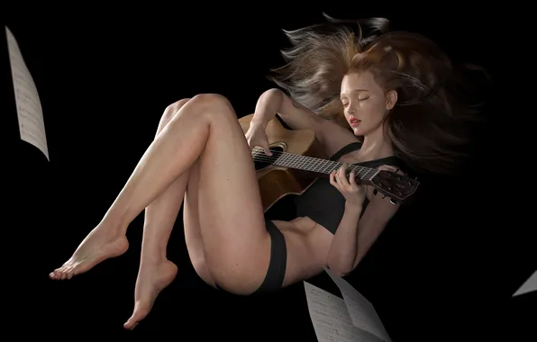 Guitar, long hair, legs, women, drawing, thighs, closed eyes, sheet music