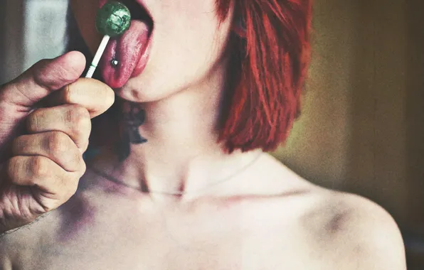 Language, girl, mouth, piercing, red, Lollipop