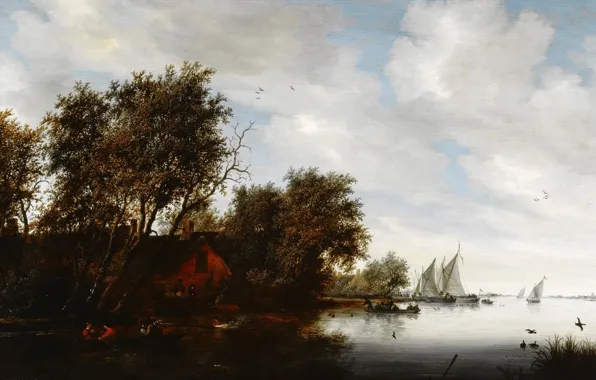 House, river, boat, picture, sail, Salomon van Ruysdael, Solomon van Ruisdael, River Landscape with a …