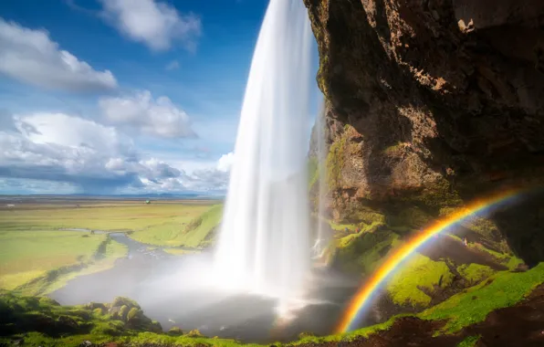 Rocks, waterfall, rainbow