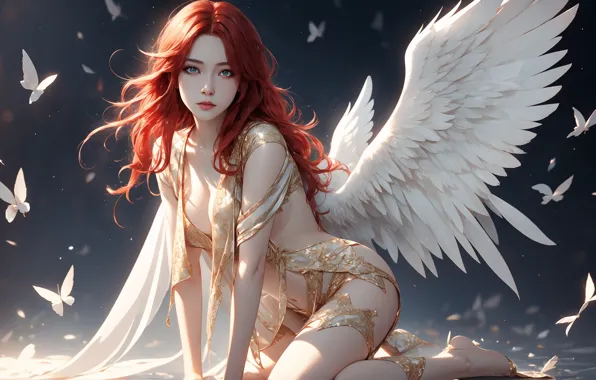 Picture long hair, wings, butterfly, angel, women, redhead, digital art, insect