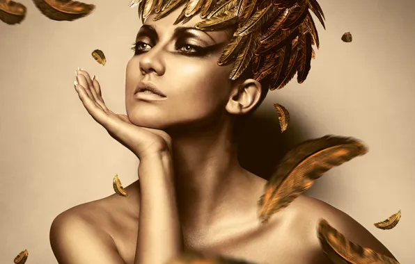 Eyes, girl, gold, feathers, leather, makeup, monochrome