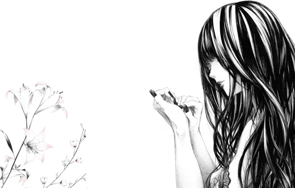 Picture flowers, figure, Lily, Girl, nails, art, monochrome, Sawasawa