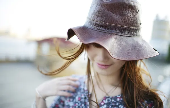 Picture girl, background, the wind, Wallpaper, mood, hair, hat