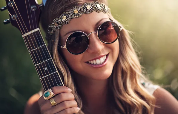 Girl, decoration, smile, guitar, ring, hippie, glasses, brown hair
