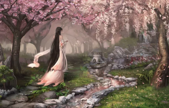 Woman, park, digital art, oriental