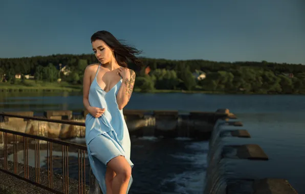 Picture girl, cleavage, long hair, dress, legs, landscape, breast, photo