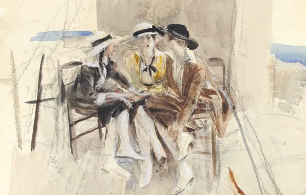 Picture, watercolor, genre, Giovanni Boldini, Three Women Talking on the Terrace