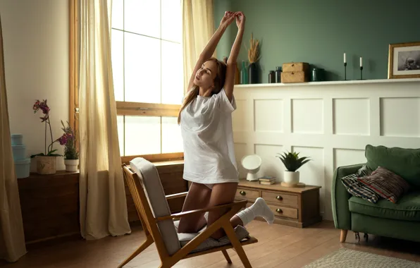 Girl, pose, room, chair, window, t-shirt, brown hair, knee