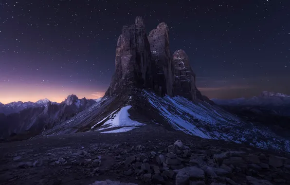 The sky, stars, snow, mountains, night, stones, rocks, The Dolomites