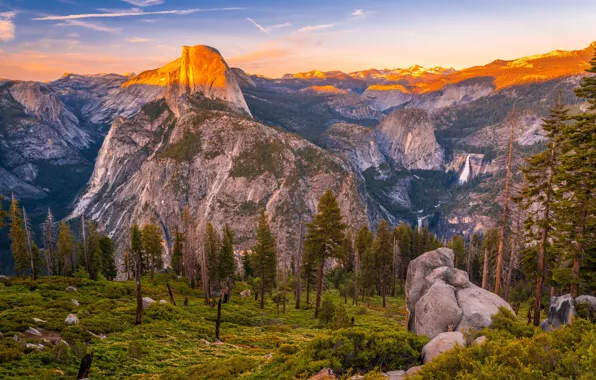 Forest, trees, mountains, stones, rocks, height, waterfall, slope