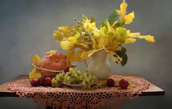 Picture autumn, leaves, apples, grapes, pumpkin, still life, rayki