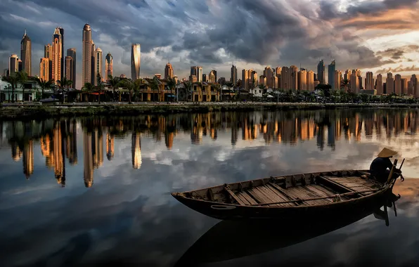 The sky, clouds, clouds, the city, reflection, shore, boat, view