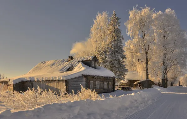 Picture winter, morning, village, Arkhangelsk oblast, Saunino