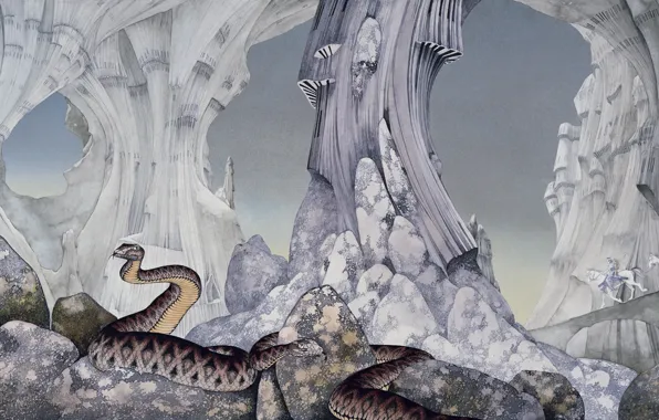 Picture snakes, stones, rocks, art, riders, caves, Roger Dean